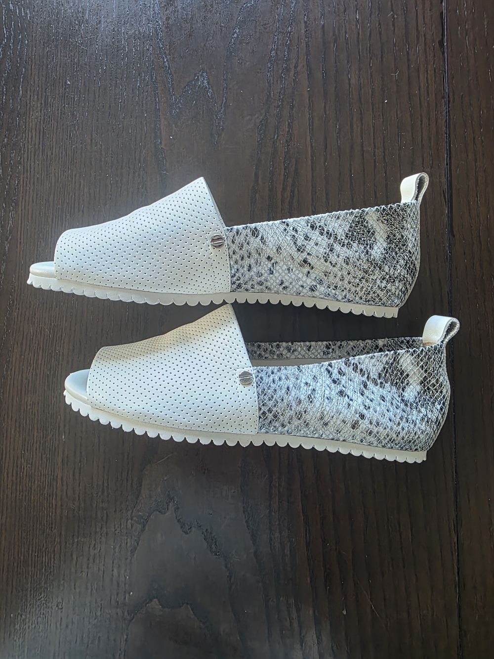 White Perforated Peep-Toe Flats with Snakeskin Accent